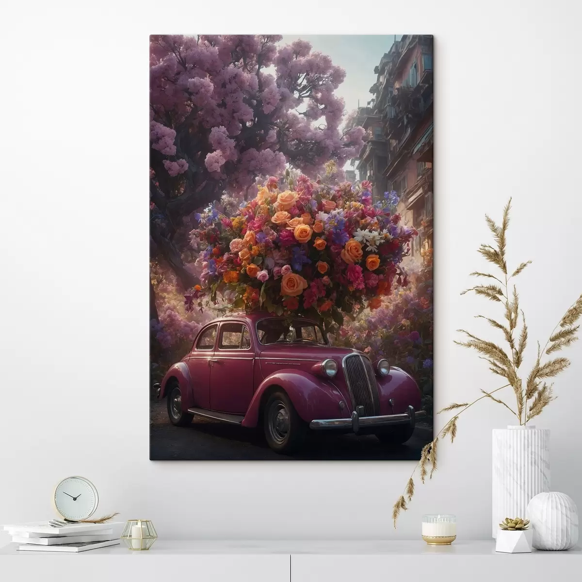 murales de pared Coche retro y un enorme ramo de flores s44471