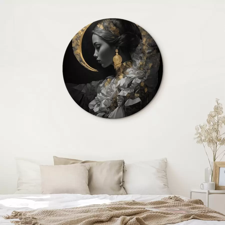 murales de pared Chica y luna creciente amarilla sobre fondo negro r44449