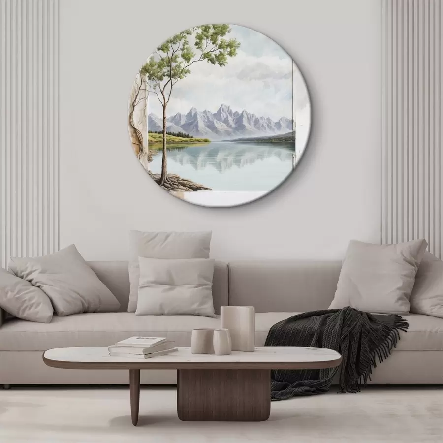 murales de pared Vista sobre el lago y montañas nevadas en el encuadre r44458