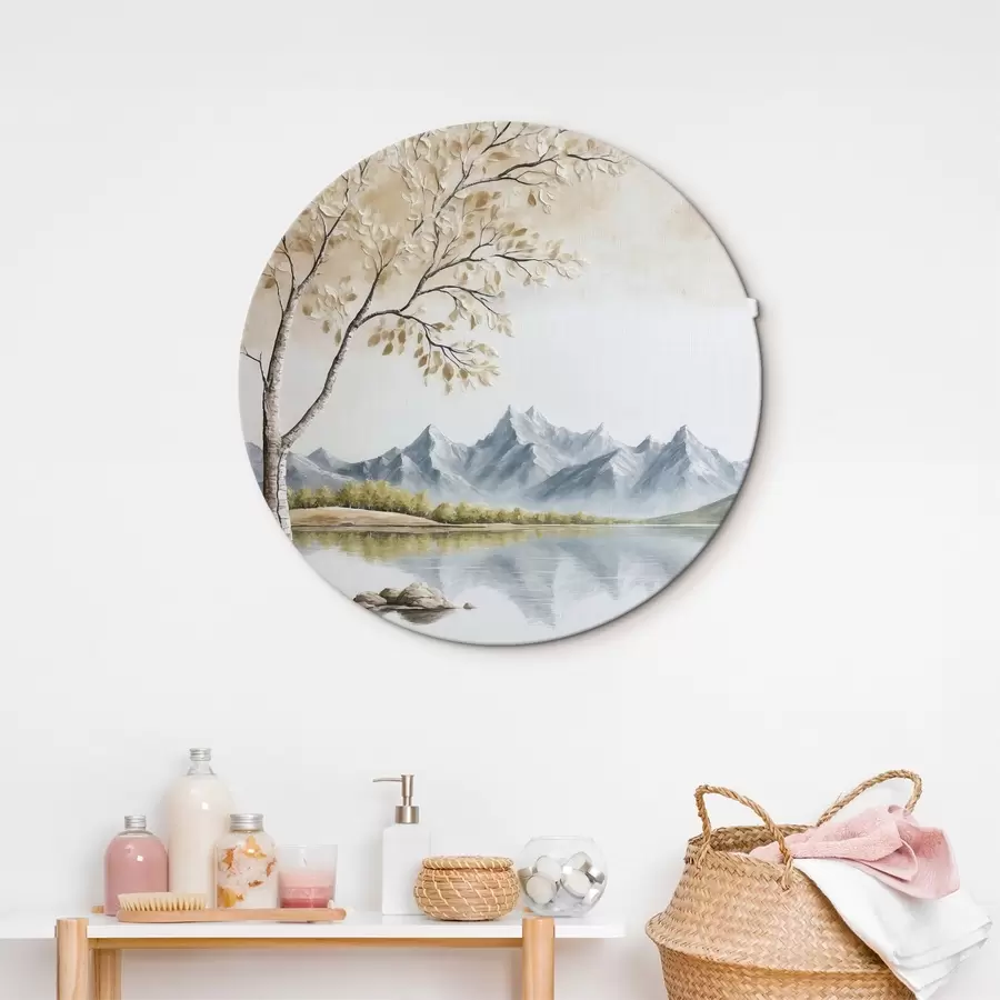 murales de pared Árbol sobre lago y montañas nevadas de fondo r44459