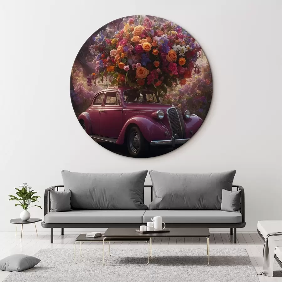 murales de pared Coche retro y un enorme ramo de flores r44471