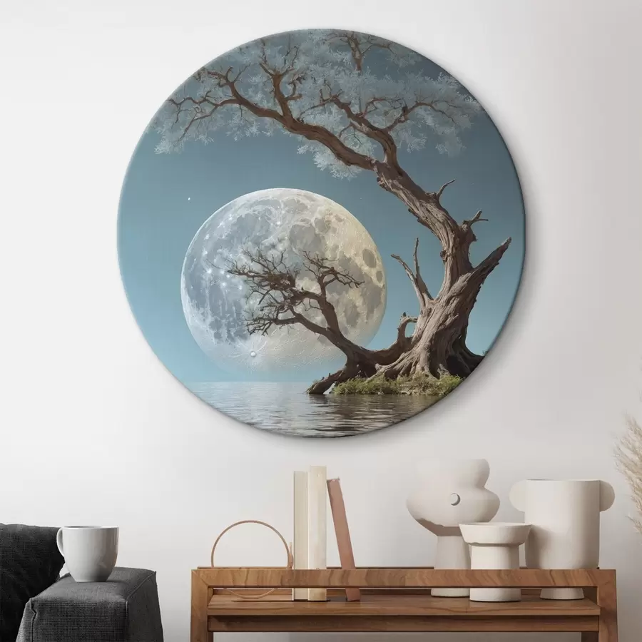 murales de pared Árbol creciendo en medio de un lago sobre fondo lunar r44481
