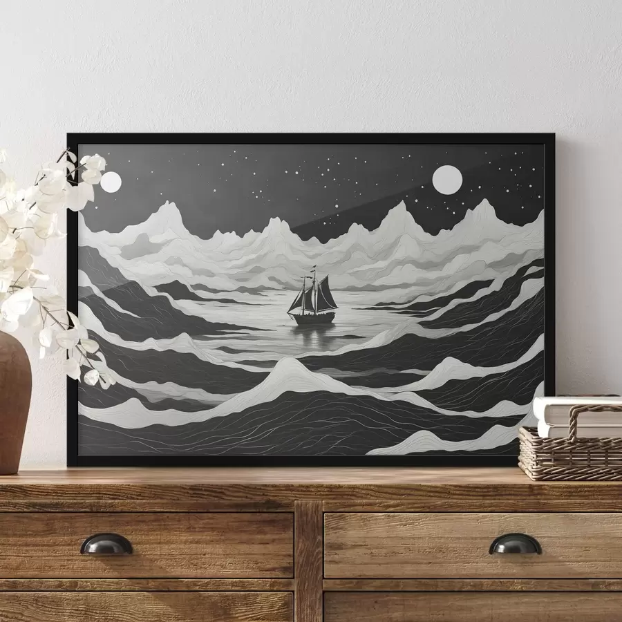 murales de pared Barco en el mar de noche brumosa f44437