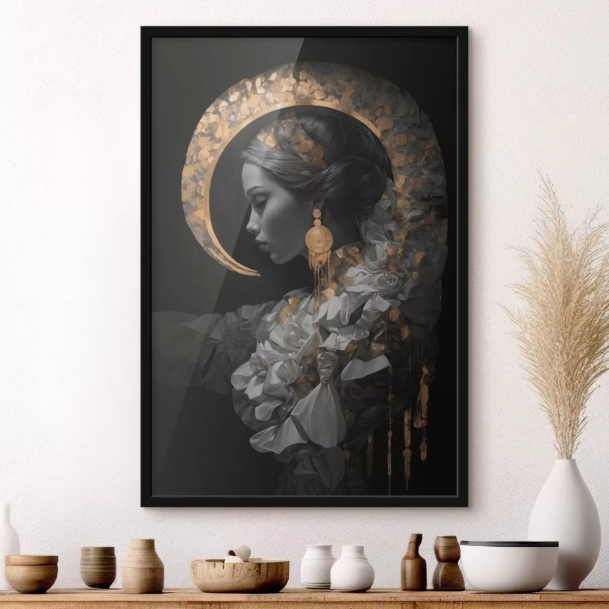 Poster Chica y luna creciente amarilla sobre fondo negro f44449