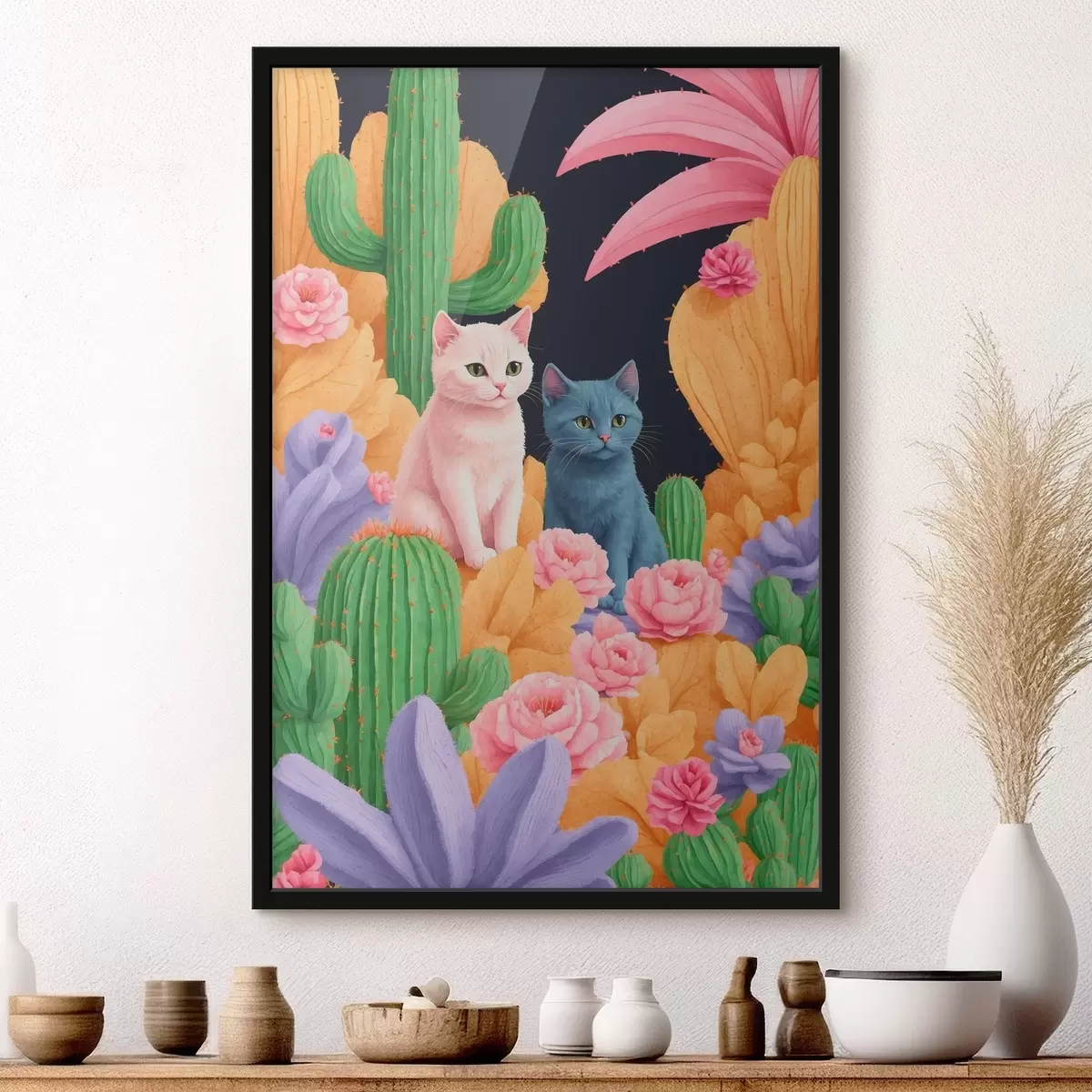 Poster Gatos artificiales entre flores y cactus f44452