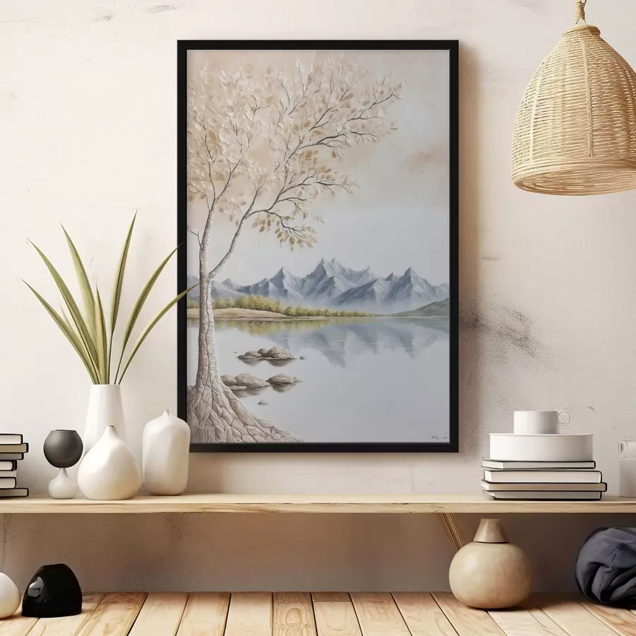 murales de pared Árbol sobre lago y montañas nevadas de fondo f44459