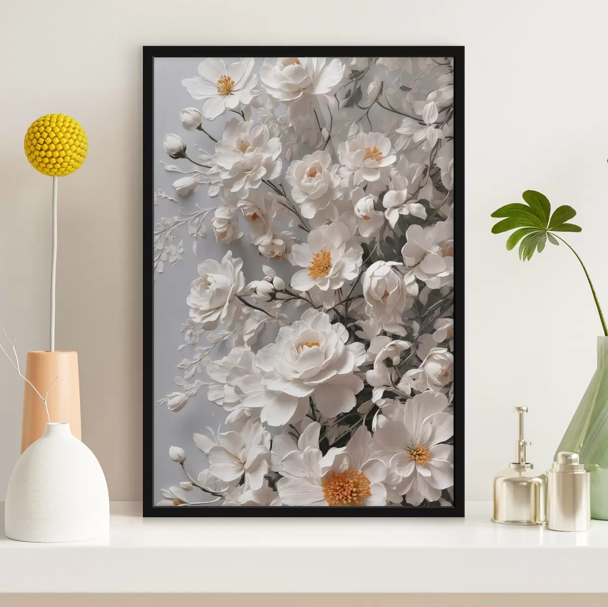Poster Flores y hojas blancas sobre fondo blanco f44465
