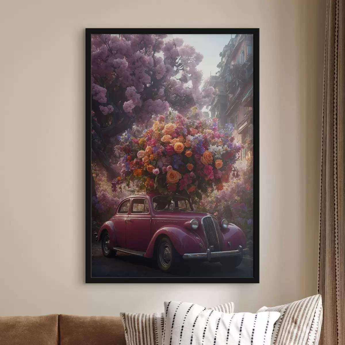 Poster Coche retro y un enorme ramo de flores f44471