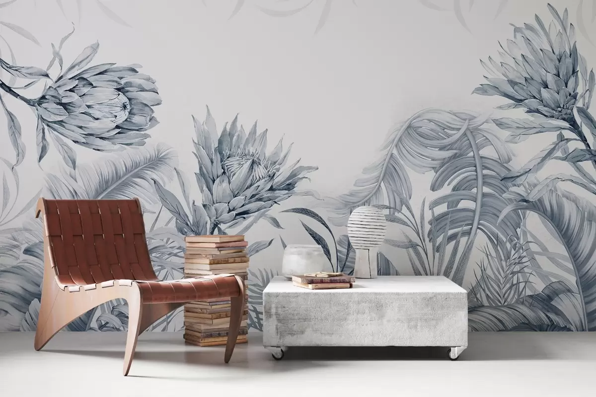 murales de pared Protea entre hojas tropicales, tonos verdes w03952v2