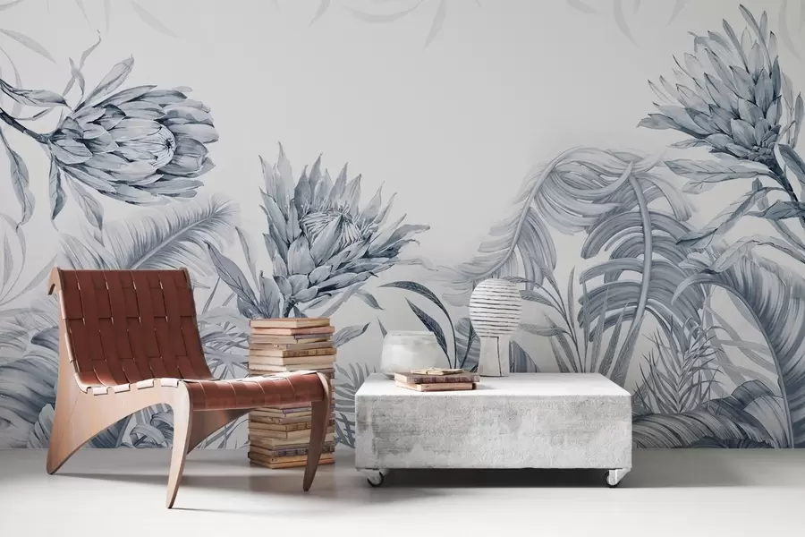 murales de pared Protea entre hojas tropicales, tonos verdes w03952v2