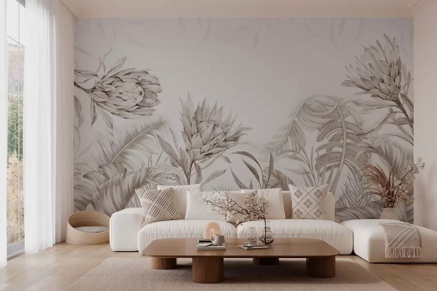 murales de pared Protea entre hojas tropicales, tonos beige w03952