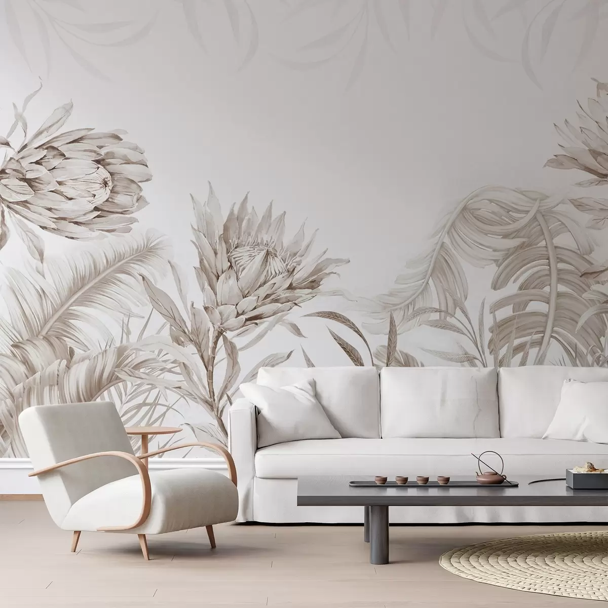 murales de pared Protea entre hojas tropicales, tonos beige w03952
