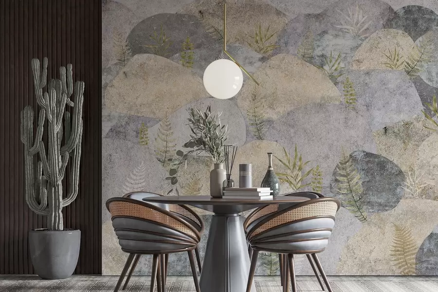 murales de pared Piedras con plantas, helecho, nórdico, estilo rústico, colores gris y arena w04064
