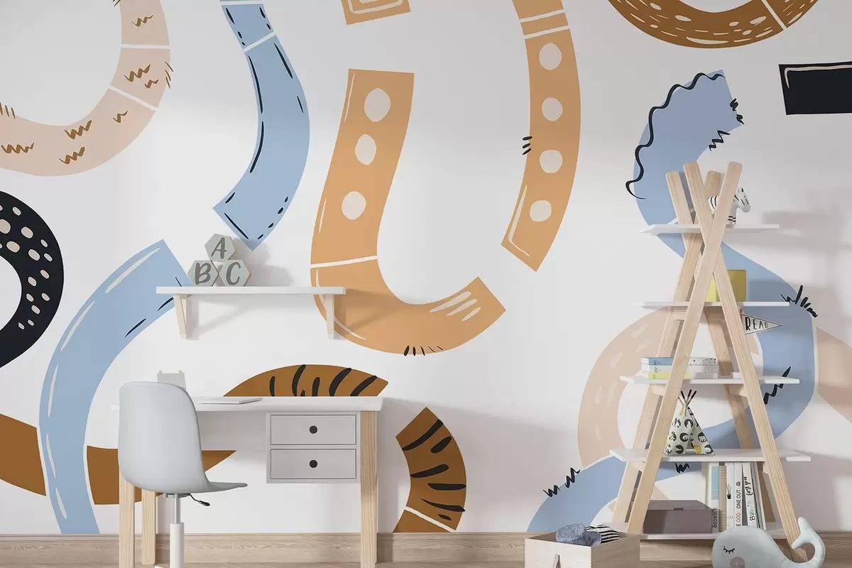 murales de pared Dibujos abstractos, juveniles, garabatos, marrón, azul, rosa w04066