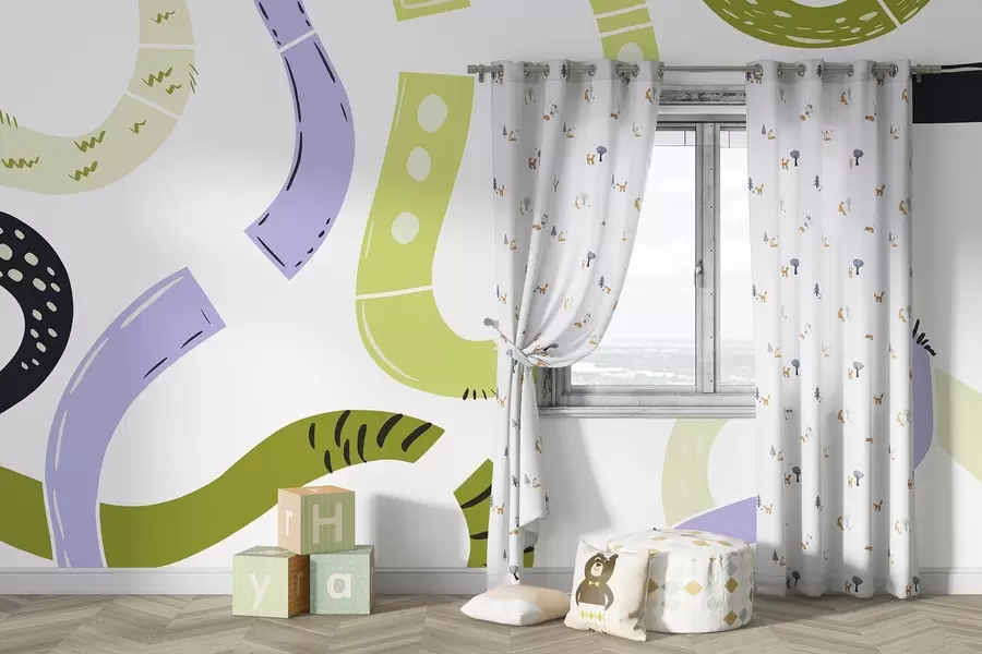 murales de pared Dibujos abstractos, juvenil, garabatos, verde, morado w04066v1