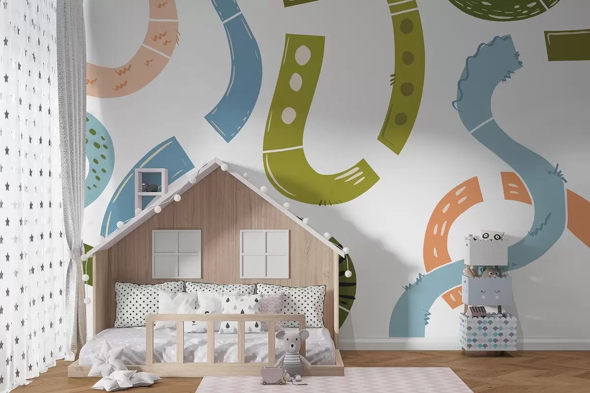 murales de pared Dibujos abstractos, juveniles, garabatos, verde, azul, rosa w04066v2