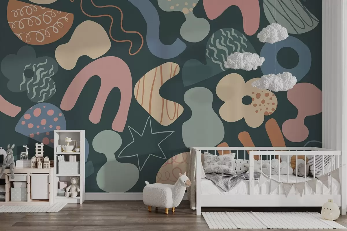 murales de pared Figuras geométricas con garabatos dibujo, juvenil, fondo verde oscuro   w04068v3