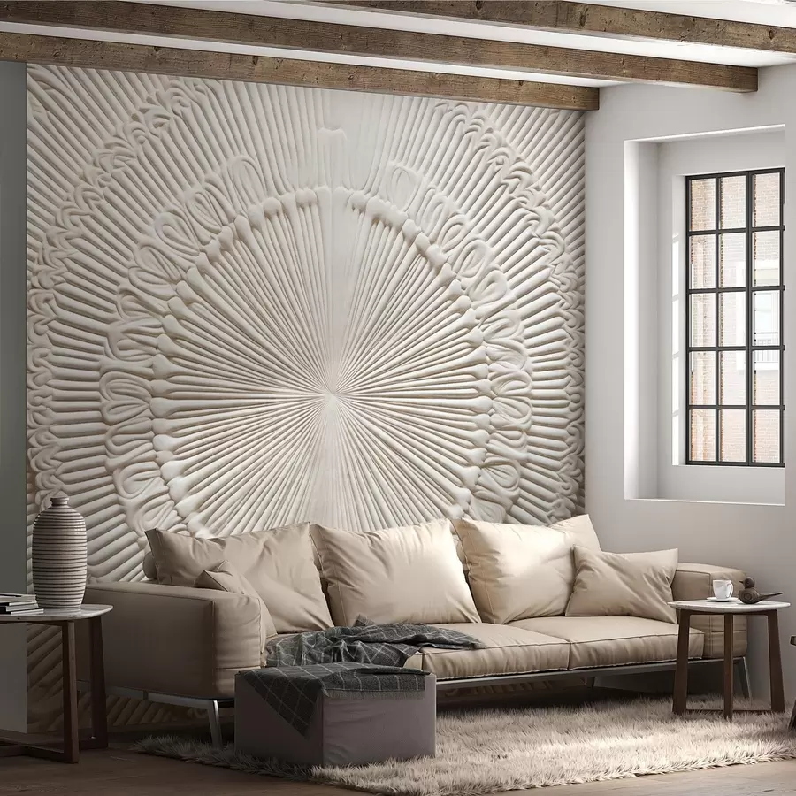 murales de pared Estampado circular abstracto texturizado con líneas radiales y elementos decorativos, diseño simétrico, textura en relieve w09154