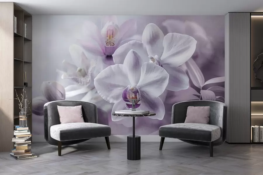 murales de pared Delicadas flores de orquídea blancas y lilas, iluminación suave y fondo difuminado con textura  w09155