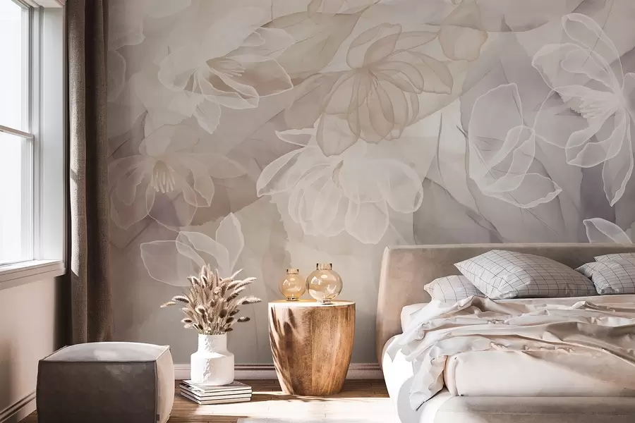 murales de pared Flores y hojas con pétalos transparentes en tonos blancos, beige y morados, suaves y delicados w09158
