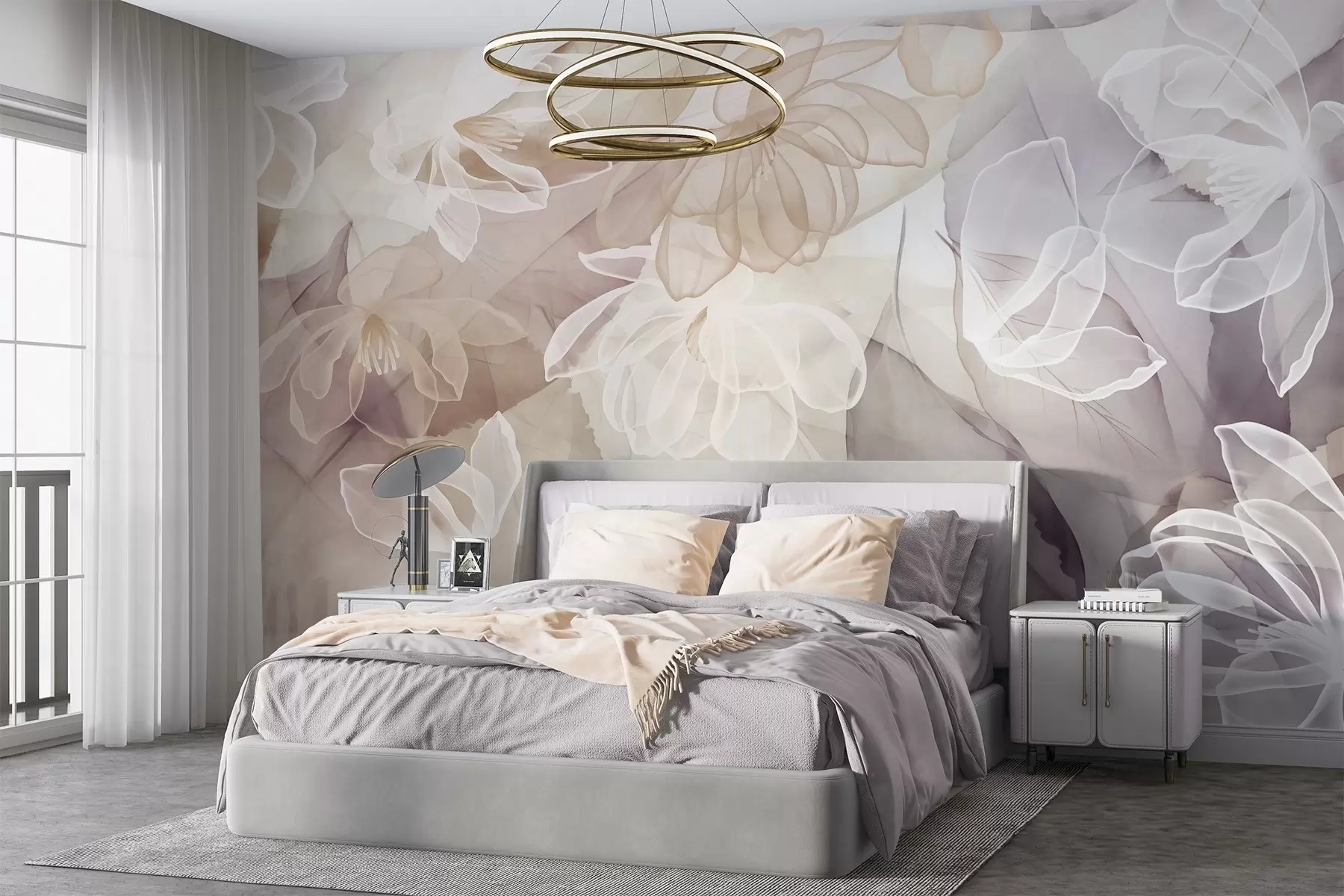 murales de pared Flores y hojas con pétalos transparentes en tonos blancos, beige y morados, suaves y delicados w09158
