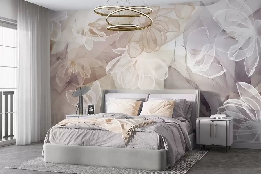 murales de pared Flores y hojas con pétalos transparentes en tonos blancos, beige y morados, suaves y delicados w09158