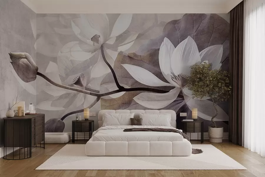 murales de pared Delicadas flores de loto con hojas y tallos en una suave paleta de colores beis w09159