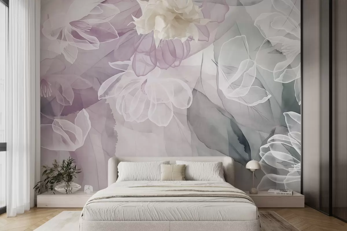 murales de pared Flores y hojas con pétalos transparentes en tonos blancos, rosas y verdes, suaves y delicados w09158v1