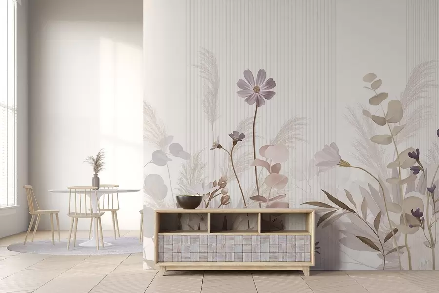 murales de pared Flores en colores pastel, hojas marrón claro, fondo blanco con líneas verticales, elegante y minimalista  w09161