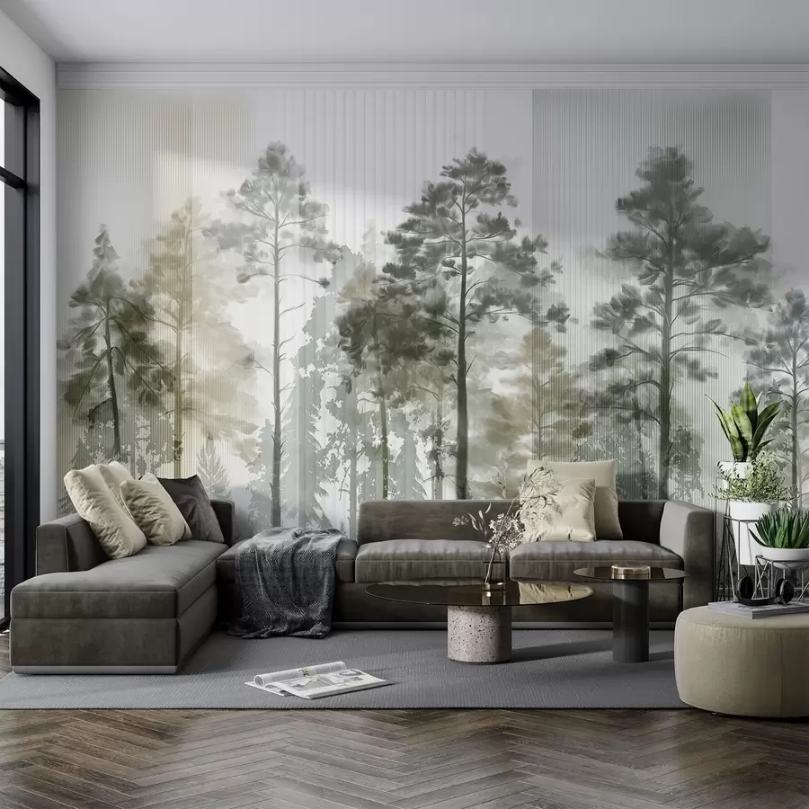 murales de pared Un denso bosque con altos pinos, exuberante follaje verde, una atmósfera brumosa con texturas de líneas verticales w09163