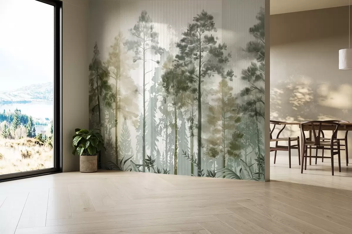 murales de pared Un denso bosque con altos pinos, exuberante follaje verde, una atmósfera brumosa con texturas de líneas verticales w09163