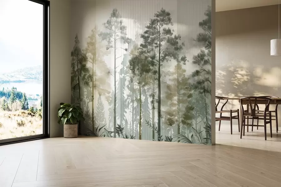 murales de pared Un denso bosque con altos pinos, exuberante follaje verde, una atmósfera brumosa con texturas de líneas verticales w09163