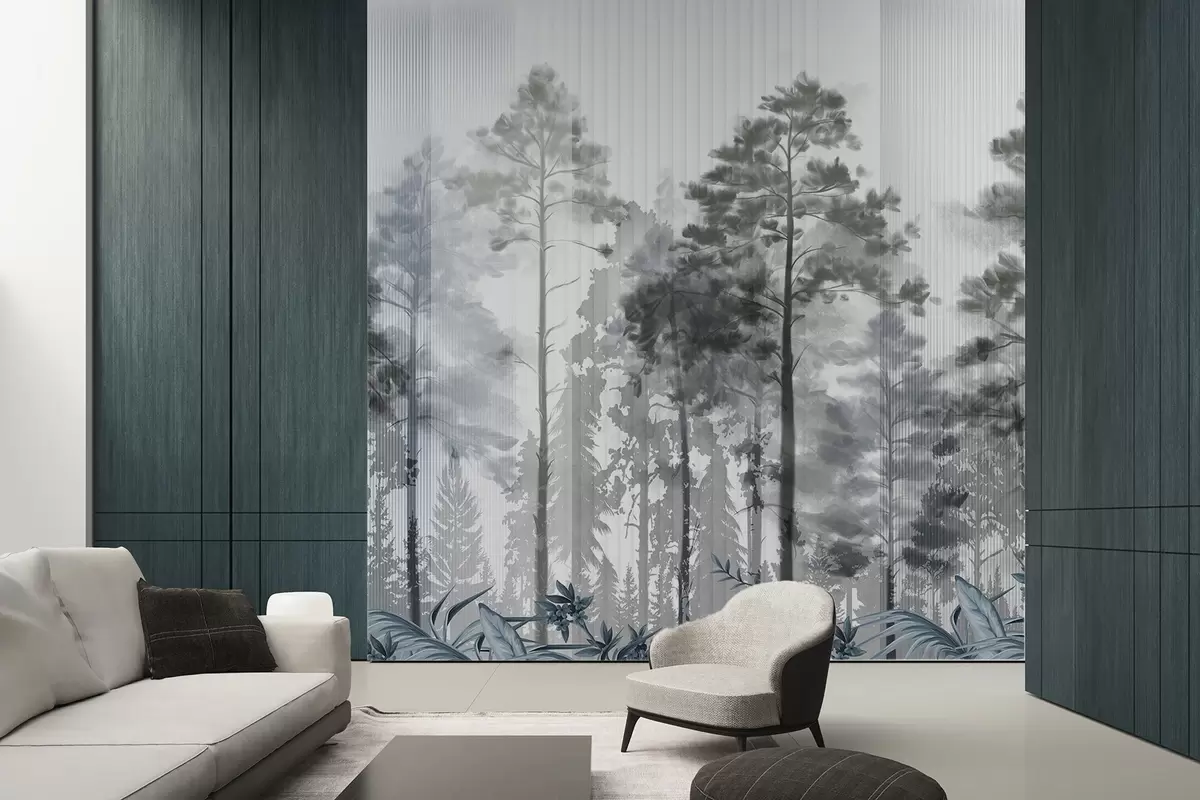 murales de pared Un denso bosque con altos pinos, exuberante follaje gris, una atmósfera brumosa con texturas de líneas verticales w09163v2
