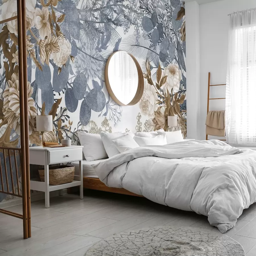 murales de pared Arreglo floral vintage con rosas, eucalipto y mimosa en tonos azules y marrones  w09164