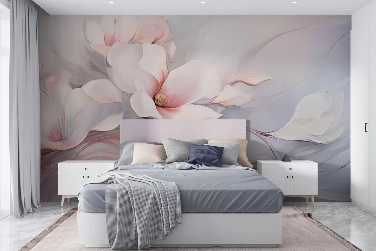 murales de pared Delicadas flores de magnolia con pétalos rosas y hojas blancas, una textura suave, líneas fluidas w09165