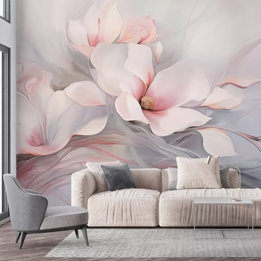 murales de pared Delicadas flores de magnolia con pétalos rosas y hojas blancas, una textura suave, líneas fluidas w09165