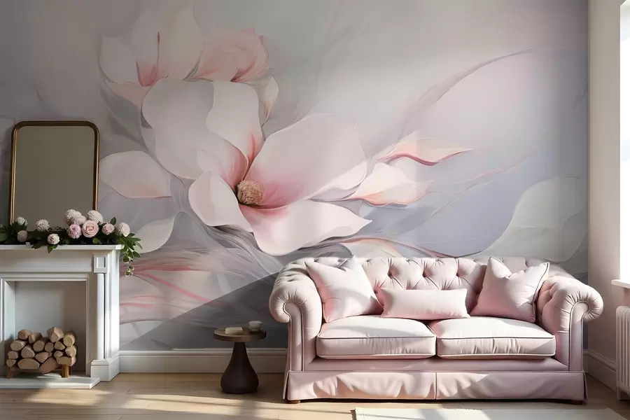 murales de pared Delicadas flores de magnolia con pétalos rosas y hojas blancas, una textura suave, líneas fluidas w09165