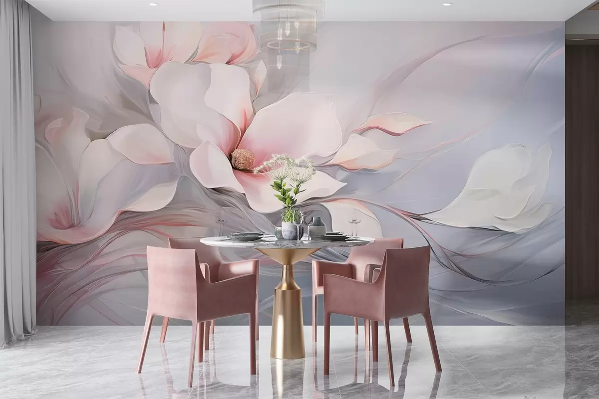 murales de pared Delicadas flores de magnolia con pétalos rosas y hojas blancas, una textura suave, líneas fluidas w09165