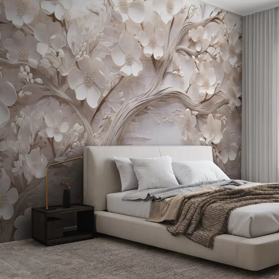murales de pared Árbol texturizado con flores blancas y tronco marrón, el fondo es blanco con líneas horizontales iluminación suave w09166