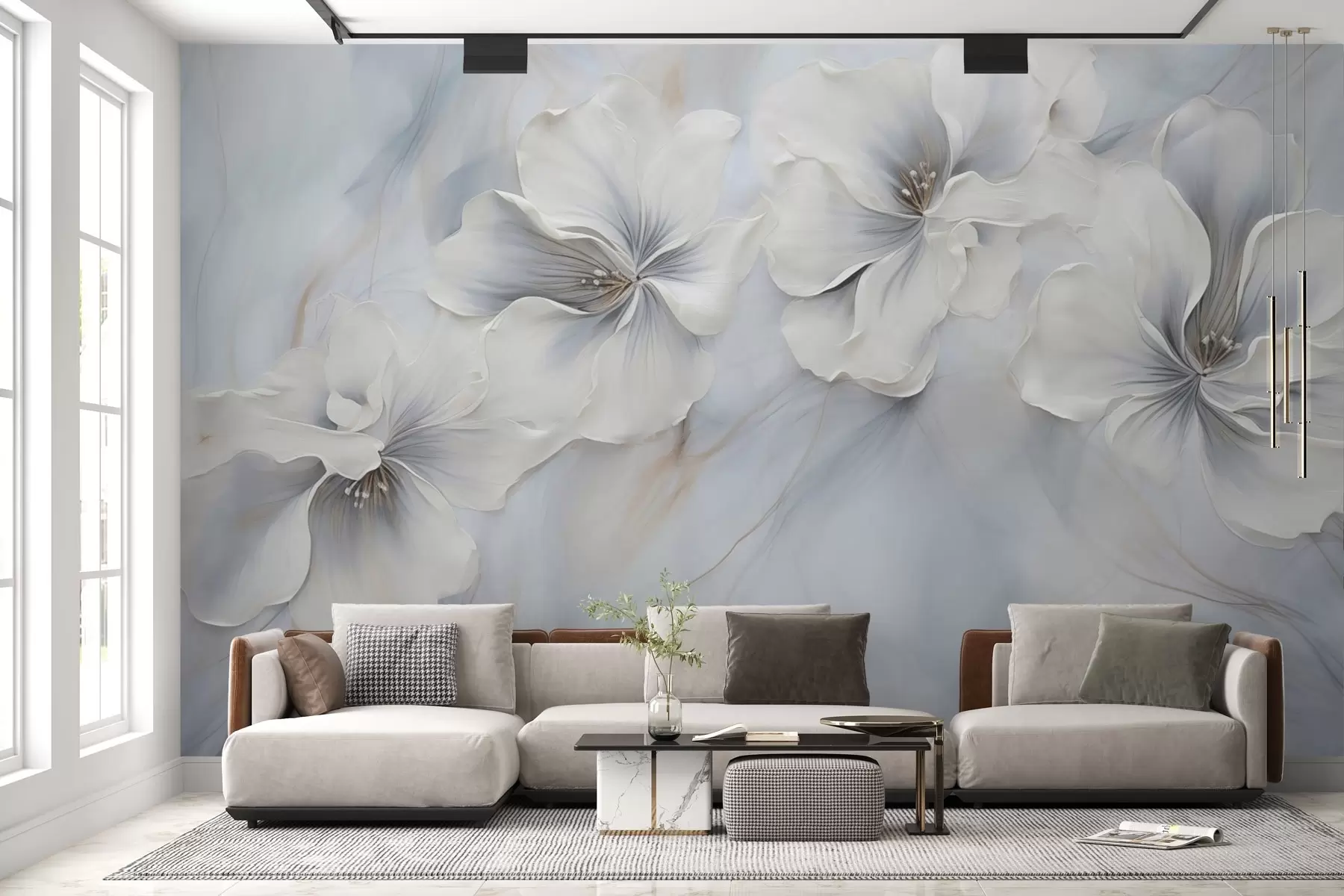 murales de pared Pintura al óleo flores sobre fondo azul w04047