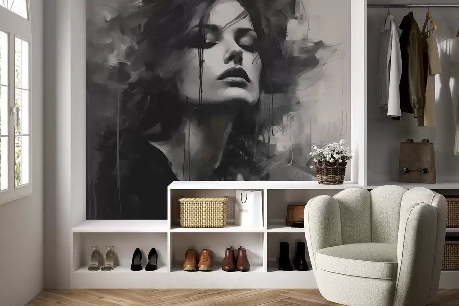 murales de pared Retrato de una mujer vestida de gris y negro w04049