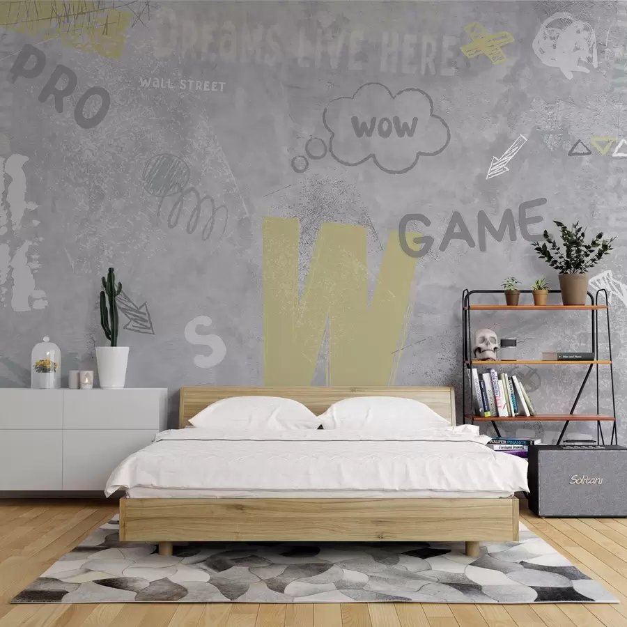 murales de pared Diseño en estilo street art con inscripciones en color amarillo sobre fondo de muro de hormigón w04056