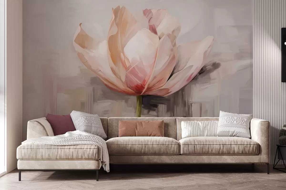murales de pared Tulipán rosa, imitación de pintura al óleo con suaves pinceladas, fondo abstracto con tonos pastel de gris y beige w09187