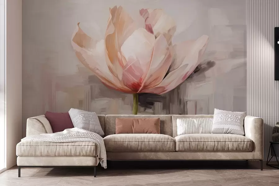 murales de pared Tulipán rosa, imitación de pintura al óleo con suaves pinceladas, fondo abstracto con tonos pastel de gris y beige w09187