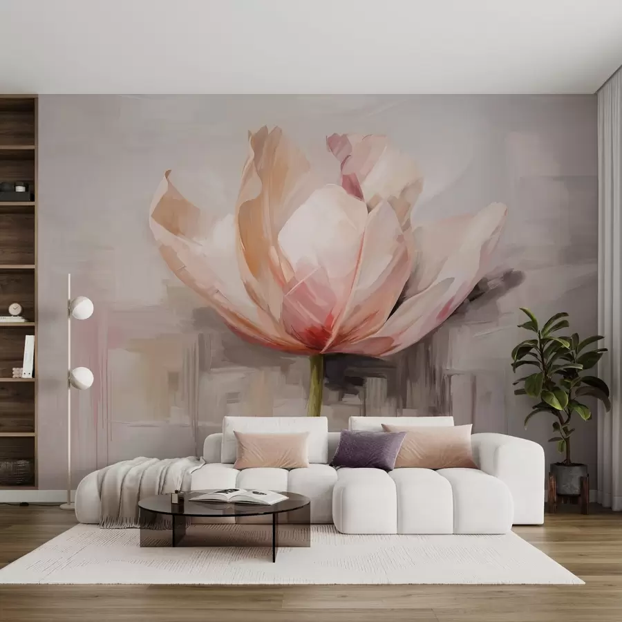 murales de pared Tulipán rosa, imitación de pintura al óleo con suaves pinceladas, fondo abstracto con tonos pastel de gris y beige w09187