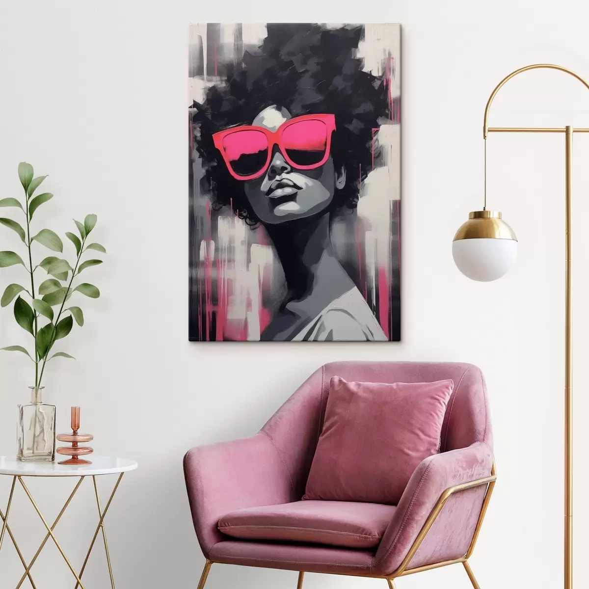 murales de pared Chica con gafas rosas, estilo blanco y negro s44624