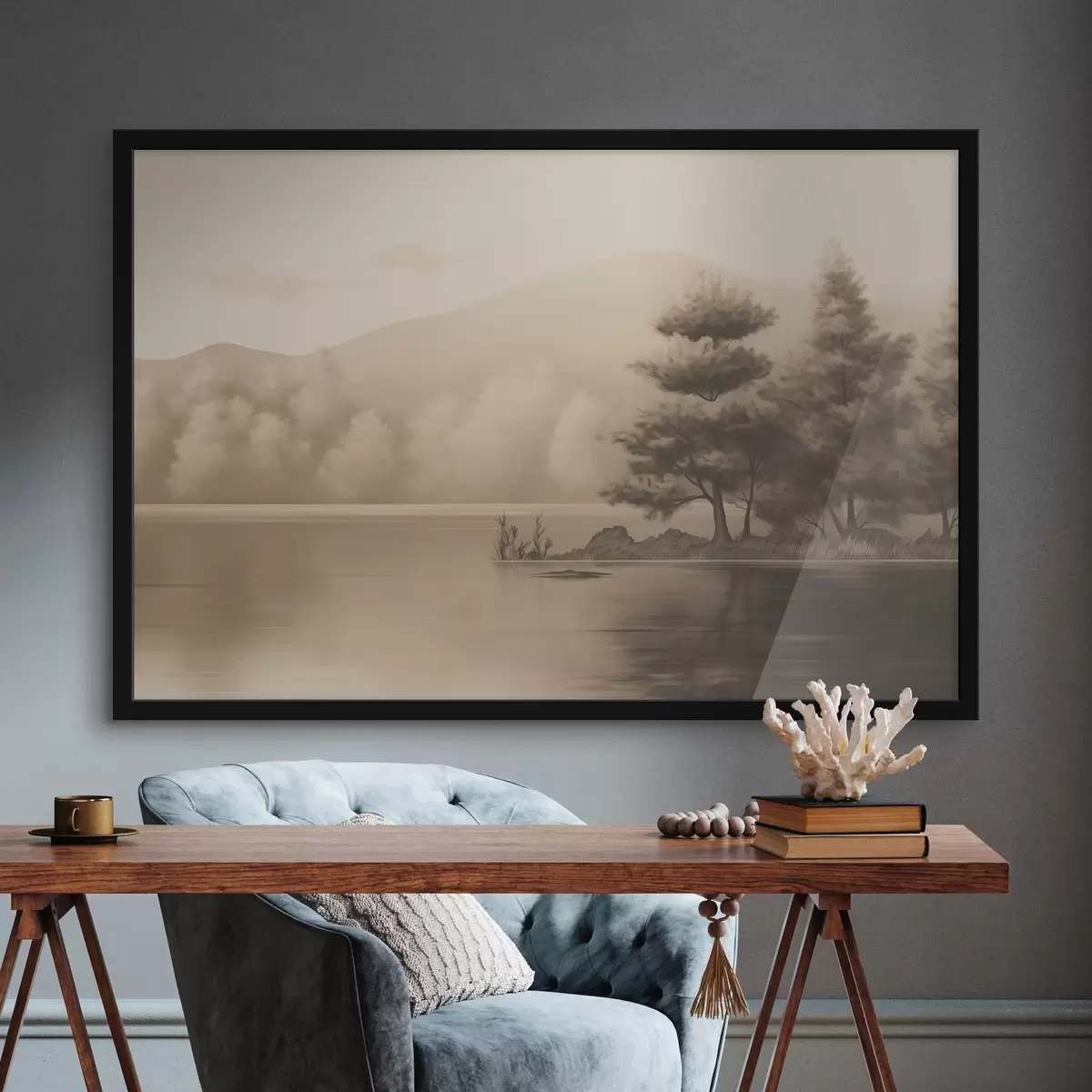 Poster Lago y árboles en sepia f44633