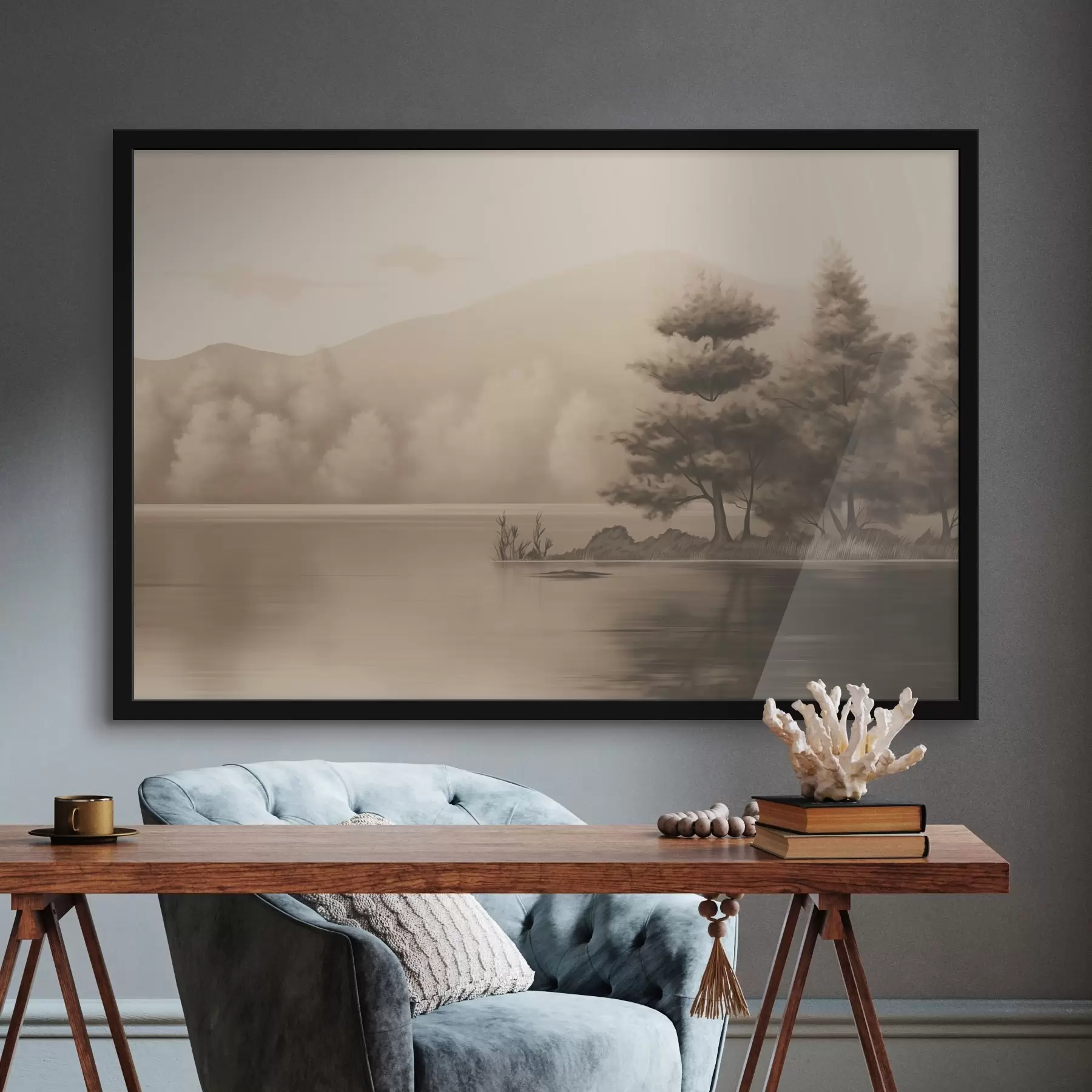 murales de pared Lago y árboles en sepia f44633