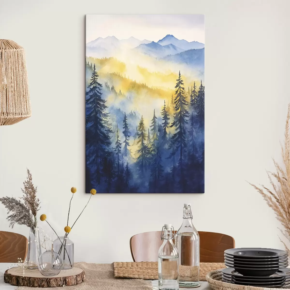 murales de pared Montañas neblinosas en un amanecer, pinares, colores azul y amarillo s44602