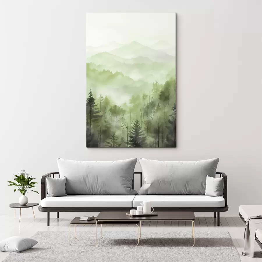 murales de pared Montañas con paisaje forestal, colores verdes, estilo acuarela s44606